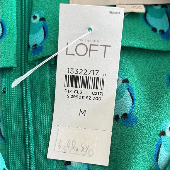 LOFT Green and Blue Bird Print Dress with 3/4 Sleeves - Picture 9 of 9